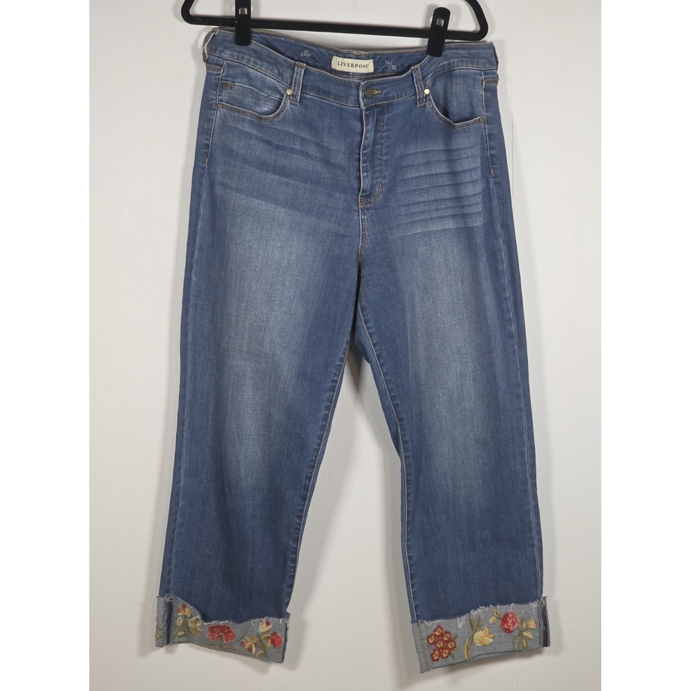 Liverpool Womens 16 Crop Jeans Blue Denim Floral Embroidered Cuff Hem Casual
